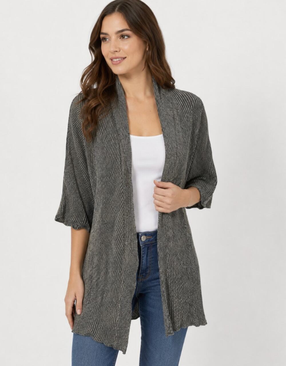 Eileen Fisher Tweed Gray Organic Linen Knit Short Sleeve Open Front Cardigan L